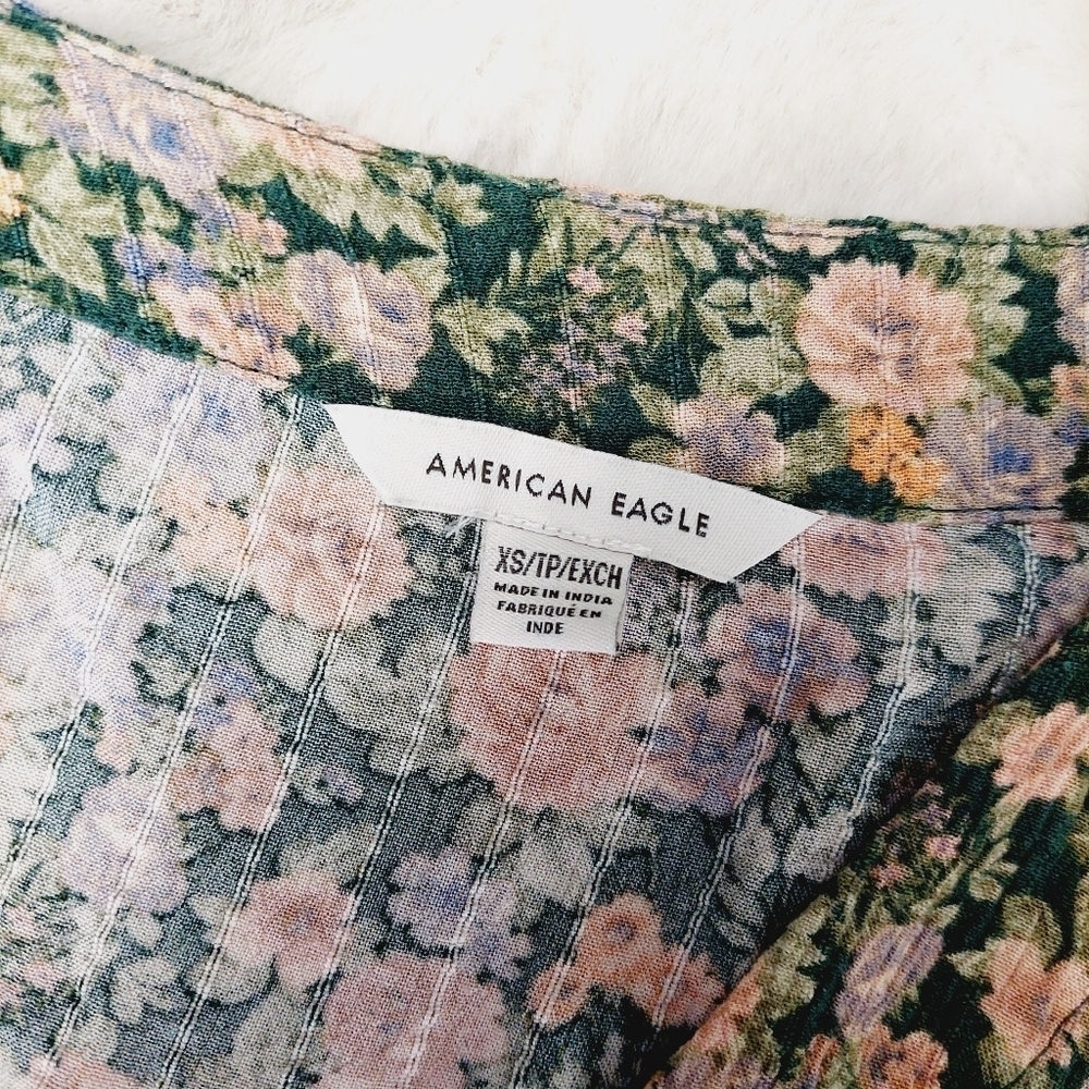 American Eagle Green Floral Faux Wrap Crop Top Long Sleeve V Neck Blouse P1906 - Picture 6 of 8
